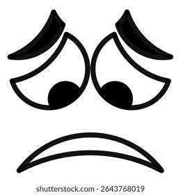 Anxious face emoticon with wide eyes, arched eyebrows, and frowning mouth. Black and white vector icon for worry, fear, reaction, or mental health themes.face icon isolated white background. 