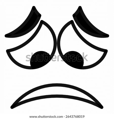 Anxious face emoticon with wide eyes, arched eyebrows, and frowning mouth. Black and white vector icon for worry, fear, reaction, or mental health themes.face icon isolated white background. 