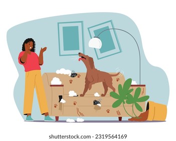 La Dueña De Mujeres Ansiosas Y El Perro Dañaron El Sofá, Representación Visual De Los Problemas De Conducta En Las Mascotas, Destacando La Necesidad De Capacitación Y Abordar Tendencias Destructivas. Ilustración del vector de dibujos animados