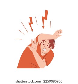 Anxious frightened man dodges the blow and covers his head with his hand. Frightened man in fit of panic and fear, flat vector illustration isolated on white background.