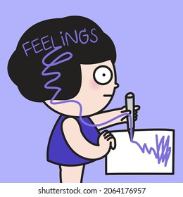 Anxious Girl is Drawing Her Confused Feeling In White Paper Concept Card Character illustration