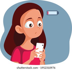 Anxious Girl Having Low Battery on Her Phone. Teenager having anxiety problems and fear of missing out if Smartphone runs out of electric power
