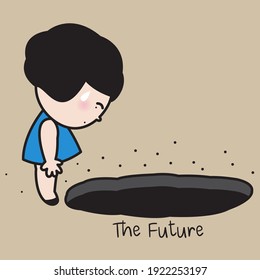 Anxious Girl Looking For Her Bright Future But Only See Dark In A Round Shape Black Hole Concept Card Character illustration