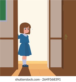 Anxious Girl Peeking Through Doorway, Illustration