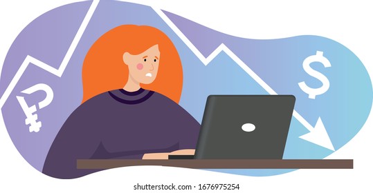 An anxious girl is sitting at laptop. The fall in the exchange rate of currencies and stocks. Ruble devaluation. Concept of the global financial crisis.