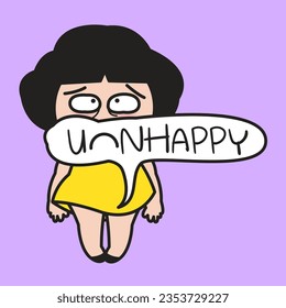 Anxious Girl Standing With Her Unhappy Downturned Mouth Speech Bubble Concept Card Character illustration