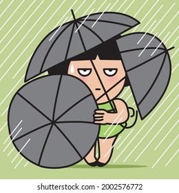 Anxious Girl Tries To Protect Herself From A Rain Storm By Covering Her Heads And Body With Three Umbrellas Concept Card Character illustration