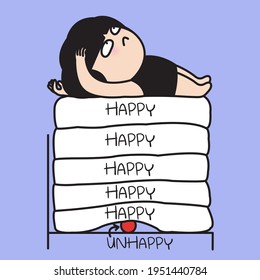 Anxious Girl is unhappy through huge six mattresses With Word Happy On Them Concept Card Character illustration