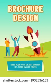 Anxious guys watching as rocket falling down. Accident, explosion, problem flat vector illustration. Failure and bankruptcy concept for banner, website design or landing web page