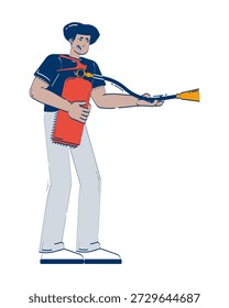 Homem hispânico ansioso usando extintor de incêndio 2D doodle personagem. Cara latino nervoso extinguindo pessoa de desenho animado de combate a incêndio desenho vetorial isolado no branco. Ilustração colorida desenhada à mão