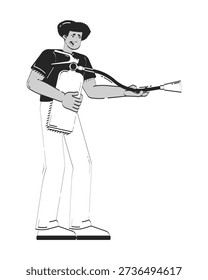 Anxious hispanic man using fire extinguisher doodle linear character. Nervous latino guy extinguishing firefighting 2D vector outline person isolated. Hand drawn drawing illustration monochrome