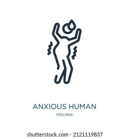 ícono de línea delgada humano ansioso. íconos lineales preocupantes del signo de contorno aislado del concepto de sentimientos. Elemento de símbolo de ilustración vectorial para diseño web y aplicaciones.