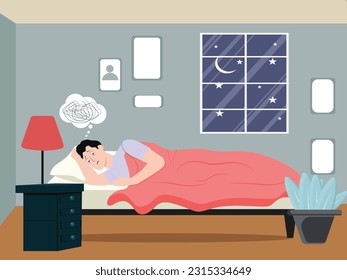 Anxious Insomnia Patient Finding Difficult to Sleep - Sleeplessness Illustration 