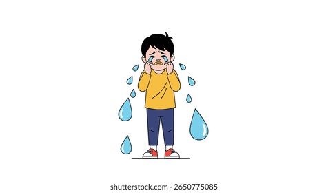 Anxious little boy crying tears of sadness feeling upset and distressed