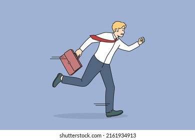 Anxious male employee running in hurry worried be late for work. Stressed businessman rushing for meeting or briefing. Meeting deadline and time management. Vector illustration. 