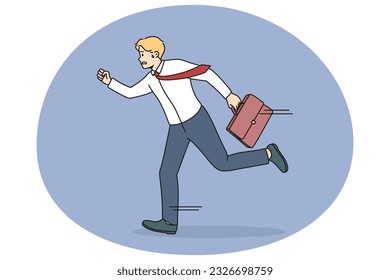 Anxious male employee running in hurry worried be late for work. Stressed businessman rushing for meeting or briefing. Meeting deadline and time management. Vector illustration.