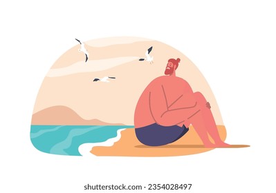 Anxious Man With Aquaphobia Sits On Beach, Avoiding Water. Fear Of Swimming Keeps Him On The Shore, Vector Illustration