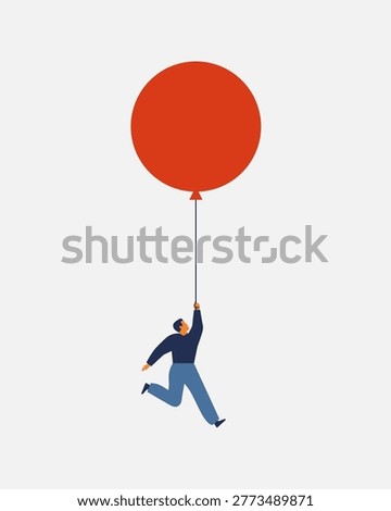 anxious man clings to floating balloon with all his might. Uncertainty about the future, financial dependence, risk decision-making, business instability. vector illustration