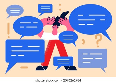 Anxious man distressed with numerous notifications on internet. Worried unhappy male confused frustrated with online spam or scam virus on web. Network connection problem. Vector illustration. 