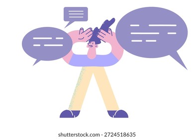 Anxious man distressed with numerous notifications on internet. Worried unhappy male confused frustrated with online spam or scam virus on web. Network connection problem. Vector illustration.