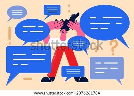 Anxious man distressed with numerous notifications on internet. Worried unhappy male confused frustrated with online spam or scam virus on web. Network connection problem. Vector illustration. 