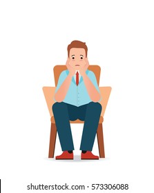 Anxious man feeling sadness and stress sitting on the chair isolated on white, cartoon character vector illustration.