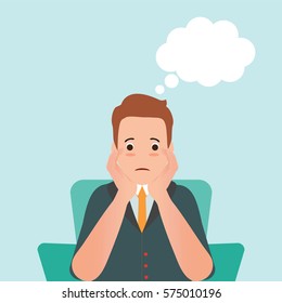 Anxious man feeling sadness and thought balloon sitting on the chair isolated on white, cartoon character vector illustration.