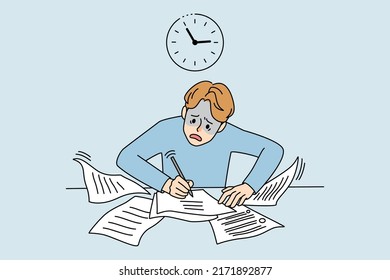 Anxious man handwriting preparing for exam. Worried man writing papers distressed about deadline miss. Time management and organization. Vector illustration. 