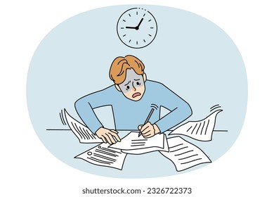 Beunruhigte Menschen Handschrift Vorbereitung auf die Prüfung. Beunruhigte Menschen, die Zeitungen schrieben, beängstigen sich über einen Termin. Zeitmanagement und Organisation. Vektorgrafik.