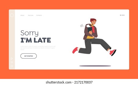 Anxious Man Hurry at Work due to Oversleep Landing Page Template. Businessman or Student with Documents Run, Stress Situation. Business Character Late in Office. Cartoon People Vector Illustration