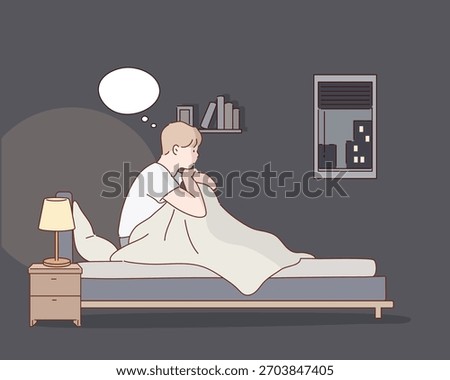 Anxious man from insomnia. Difficulty falling asleep. Sleep problems.Original vector illustration drawn by hand.