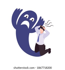 Anxious man with panic attack and ghost 3d isometric vector illustration