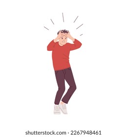 Anxious man panicking or having panic attack, flat vector illustration isolated on white background. Stressed character suffering from headache. Nervous person drawing.