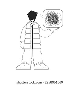 Anxious man showing confused thoughts. Theme of psychology. Linear newspaper black and white style.