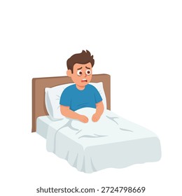 Homem ansioso sentado na cama incapaz de dormir. Ilustração de desenho animado plano mostrando insônia, distúrbio do sono, ansiedade à noite, estresse mental e problema de saúde isolado no fundo branco