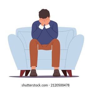 Hombre angustiado sentado en la cara de la cubierta del Sofa con las manos, llorando, se siente frustrado. Empresario deprimido sufre de depresión, crisis, problema de ansiedad, triste carácter masculino. Ilustración de vectores de personas de caricatura