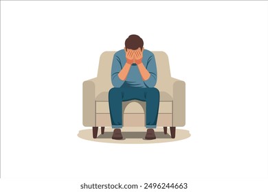 Anxious Man Sitting on Sofa Cover Face with Hands, Crying, Feel Frustrated. Depressed Businessman Suffer of Depression, Crisis, Anxiety Problem, Sad Male Character. Cartoon People Vector Illustration