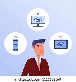 An anxious man surrounded by devices with his personal data. Concept of total surveillance eye, networking, social media and data collection of smart devices. Vector flat design illustration.