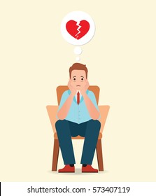 Anxious man thinking and feeling sadness about broken heart sitting on the chair isolated on white, cartoon character vector illustration.