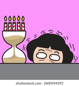 Anxious Middle Aged Birthday Lady Fear Of Sand Timer Running Out Concept Cartoon Character illustration