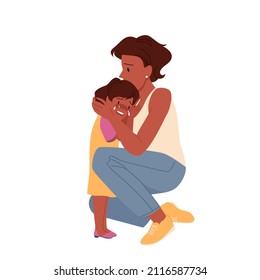 Anxious Mom Calming Down Her Little Crying Daughter. Sobbing Upset Child Embracing Mother, Parenting With Helpful Speech And Emotional Supporting Cartoon Vector Illustration