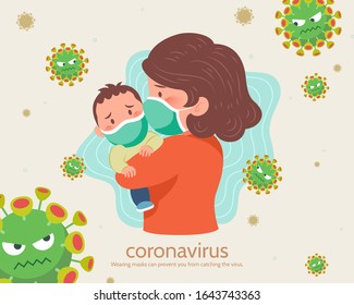 Anxious mother and her baby wearing face masks fighting for coronavirus in flat style, COVID-19 illustration