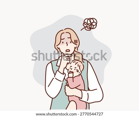 Anxious Mother Hugging Her Child with Worry and Concern for the Future Original vector illustration drawn by hand.