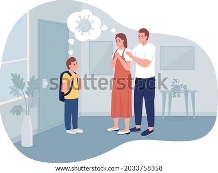 Anxious parents and their son 2D vector isolated illustration. Mom and dad worried about coronavirus flat characters on cartoon background. School student and adults maskless colourful scene
