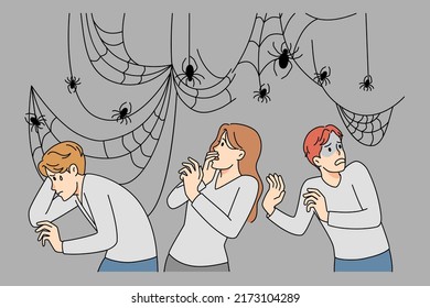 Anxious people afraid of spiders on webs and nets. Stressed men and women feel scared and terrified suffer from arachnophobia. Vector illustration. 