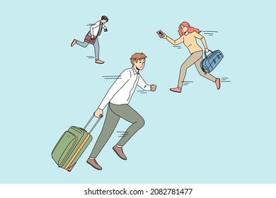 Anxious People With Baggage Running In Airport Not Miss Plane. Worried Diverse Men And Women Travelers With Luggage Rush In Hurry For Boarding At Gate. Travel And Tourism. Flat Vector Illustration.