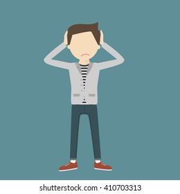Ansioso e triste jovem segurando a cabeça das mãos. Ilustração de estilo plano vetorial isolada. Dor de cabeça. Preocupado, sinal de depressão. Perdedor. Pessoa cansada e chateada.