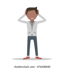 Anxious and sad young man clutching head his hands. Vector flat style illustration isolated. Headache pain. Worried, depression sign. Loser. Tired, upset person.