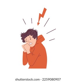 Anxious scared panicked man or neurasthenic cartoon character, flat vector illustration isolated on white background. Person feels intense stress or a panic attack.