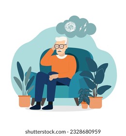 Anxious Senior Man Sitting on Sofa. Flat design style Vector Illustration.